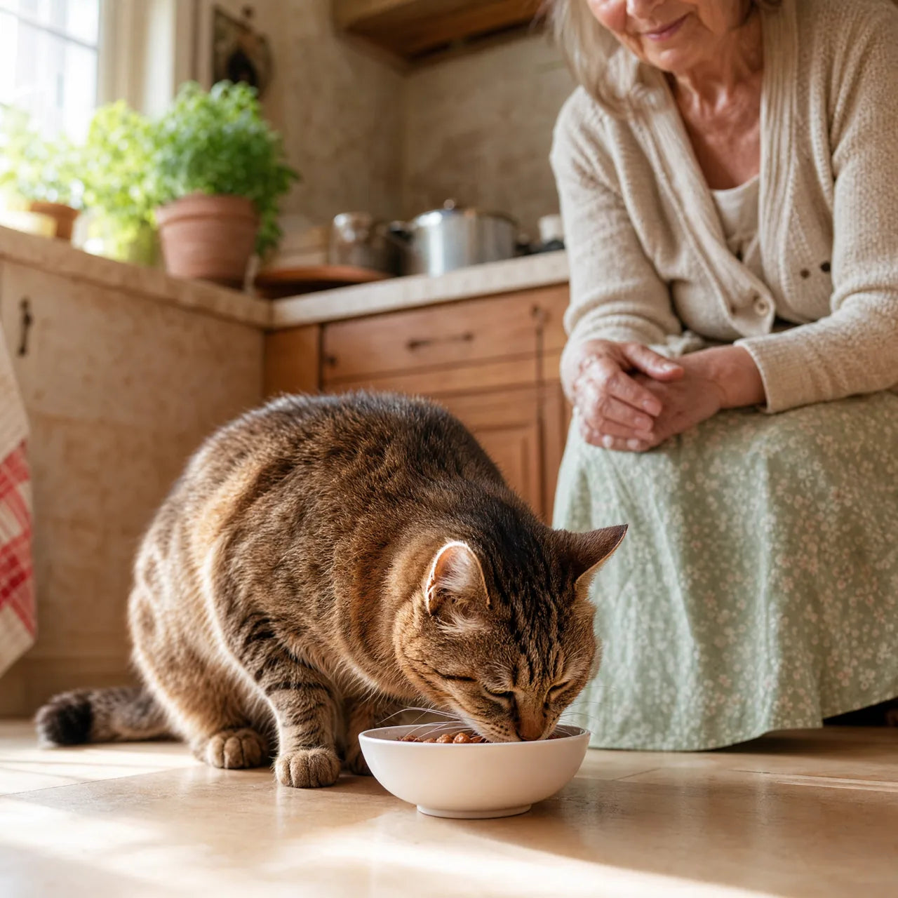 Chat senior qui remange avec appétit dans sa cuisine