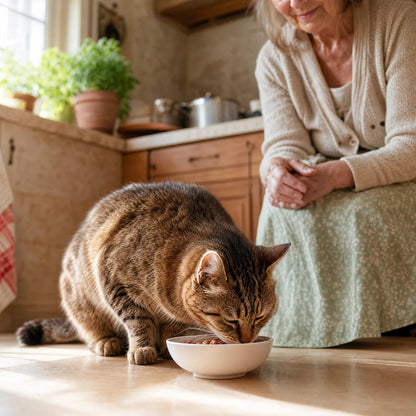 Chat senior qui remange avec appétit dans sa cuisine