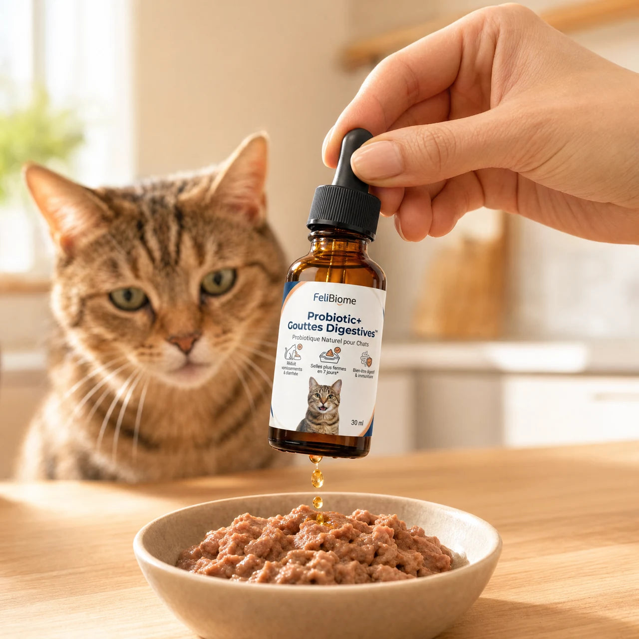 Deux gouttes de FéliBiome ajoutées à la pâtée du chat, sans bataille