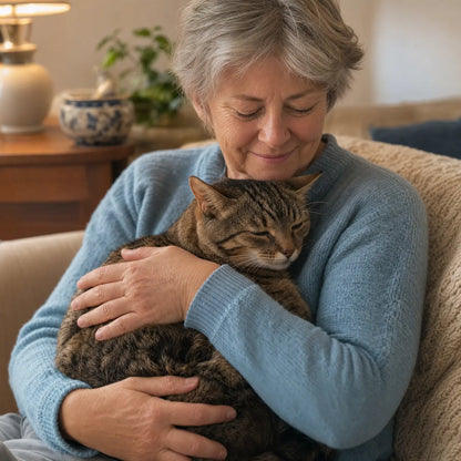 Propriétaire câlinant son chat senior apaisé après FéliBiome